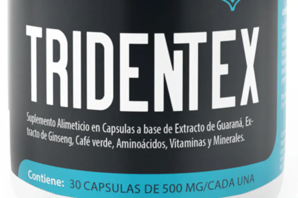 Etiqueta original del frasco de Tridentex con el texto del suplemento y las 30 cápsulas de 500 mg