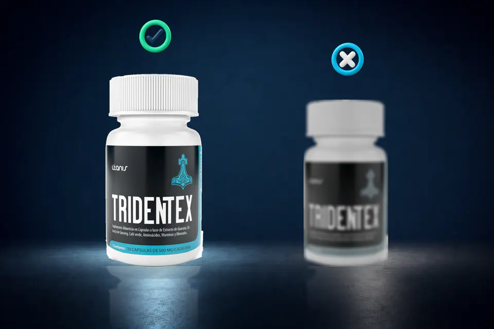 Etiqueta original de Tridentex frente a una imitación borrosa y descolorida